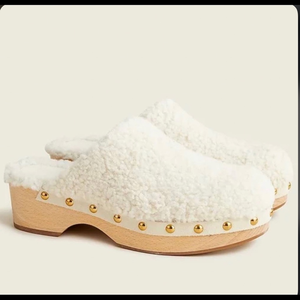 J crew shearling heeled clogs